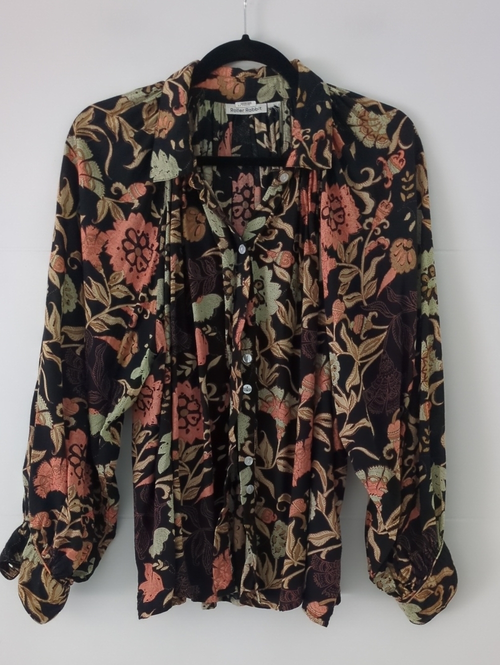Roller Rabbit Black Floral Button-Up Blouse with Coral & Sage Accents
